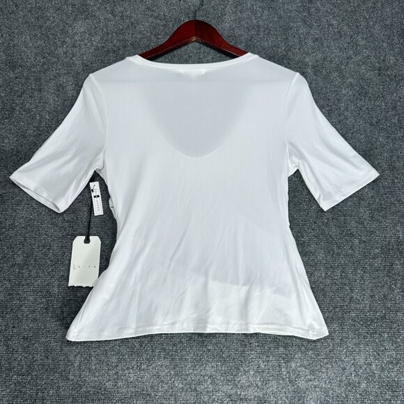 Leith Top Womens Medium White Stretch Knit Tee 3/4 Sleeve Ruched Side NEW - Picture 7 of 8